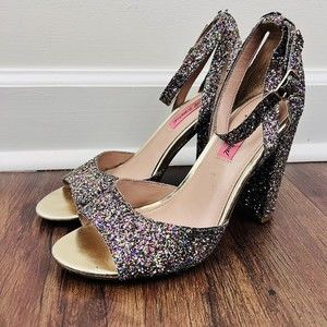 BETSEY JOHNSON Sparkly High Heels Size 9.5 Rhinestones Open-Toe Ankle Strapped